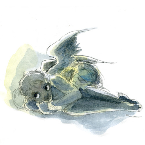 Pencil and watercolor sketch of an angel in a curled, defensive posture